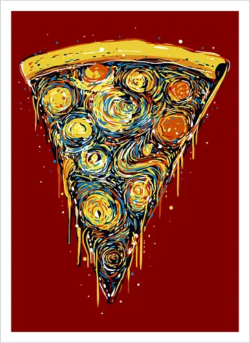 Starry slice - pizza, pizza lovers, food, Vincen Van Gogh, painting, funn, funny, memes, starry nights - Kunstdruck