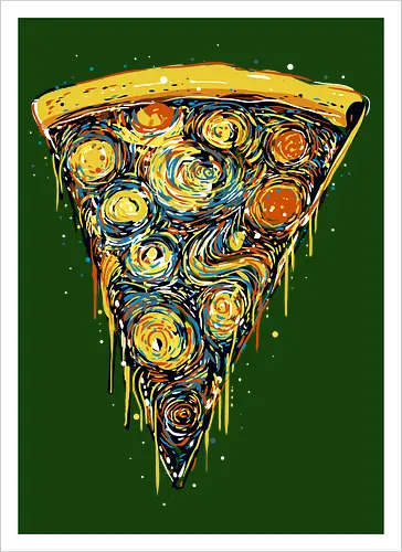 Starry slice - pizza, pizza lovers, food, Vincen Van Gogh, painting, funn, funny, memes, starry nights - Kunstdruck
