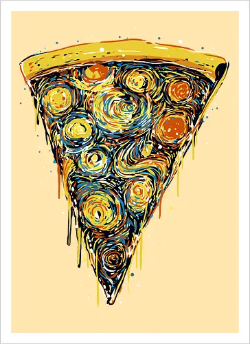 Starry slice - pizza, pizza lovers, food, Vincen Van Gogh, painting, funn, funny, memes, starry nights - Kunstdruck