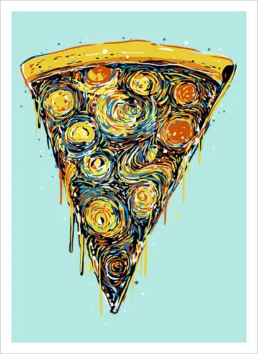 Starry slice - pizza, pizza lovers, food, Vincen Van Gogh, painting, funn, funny, memes, starry nights - Kunstdruck