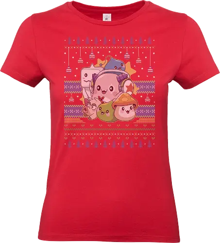 Maple World Ugly Sweater - christmas, xmas, ugly christmas sweater, pink bean, slime, yeti, mushroom, kawaii, anime, chibi, nostalgia, video game, gaming, gamer, zakum helm, maple, story, black mage - Standard T-Shirt (Frauen)