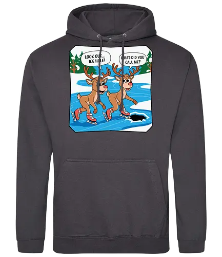 look out..ice hole, what did you call me - reindeer, ice skating, cartoon, humor, winter, skating, dialogue, hole, funny, playful - Standard Hoodie