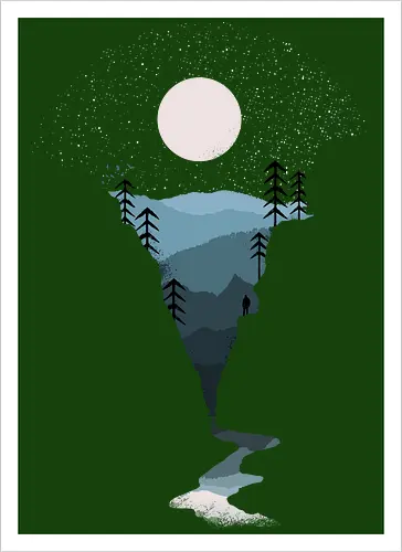 Exploring Nightfall - nature, national parks, great outdoors, moonlight, moon, night sky, beauty, outdoors, exploring, wonder, explorer, adventure, layered, mountains, rivers, silhouette, forests, scenic, vista, woods, trees, tree line - Kunstdruck