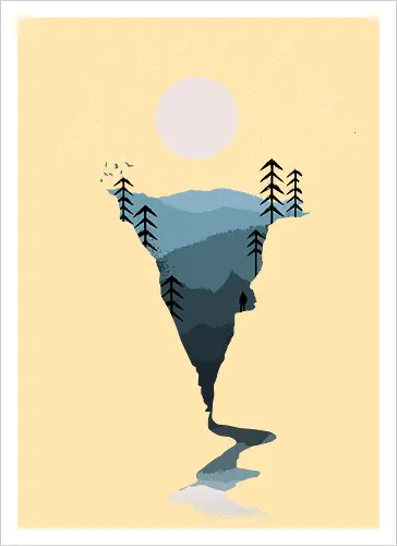 Exploring Nightfall - nature, national parks, great outdoors, moonlight, moon, night sky, beauty, outdoors, exploring, wonder, explorer, adventure, layered, mountains, rivers, silhouette, forests, scenic, vista, woods, trees, tree line - Kunstdruck