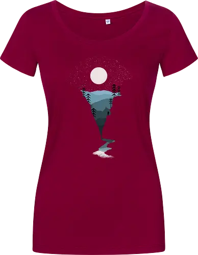 Exploring Nightfall - nature, national parks, great outdoors, moonlight, moon, night sky, beauty, outdoors, exploring, wonder, explorer, adventure, layered, mountains, rivers, silhouette, forests, scenic, vista, woods, trees, tree line - Damen T-Shirt