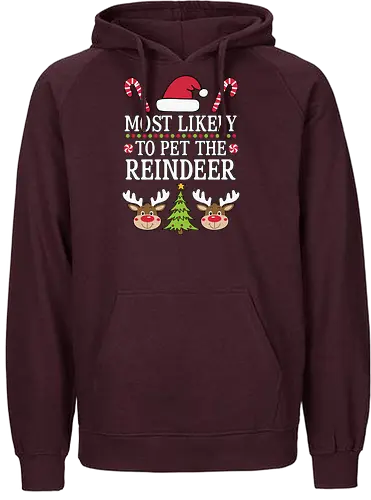 Most likely to pet the reindeer - holiday, christmas, santa hat, candy canes, reindeer, festive, humor, playful, winter, cheerful - Fairtrade Hoodie