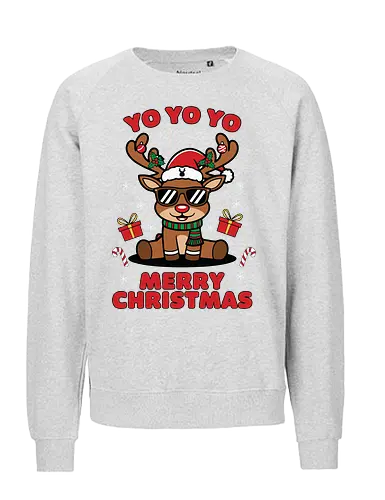 YO YO YO and MERRY CHRISTMAS - reindeer, christmas, santa hat, sunglasses, festive, gifts, candy canes, holiday, playful, red text - Fairtrade Sweatshirt