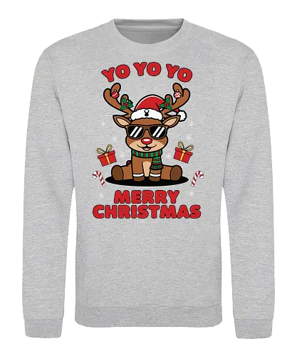 YO YO YO and MERRY CHRISTMAS - reindeer, christmas, santa hat, sunglasses, festive, gifts, candy canes, holiday, playful, red text - Sweatshirt