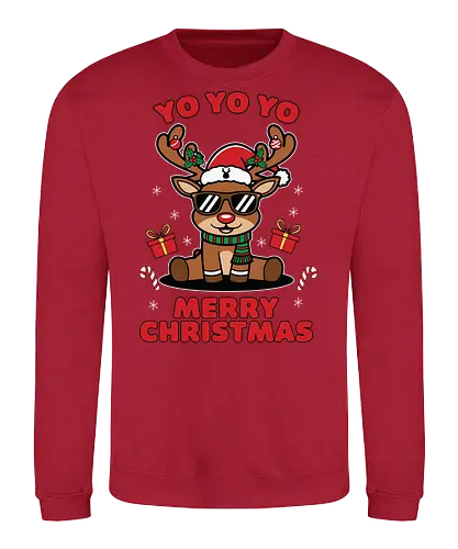 YO YO YO and MERRY CHRISTMAS - reindeer, christmas, santa hat, sunglasses, festive, gifts, candy canes, holiday, playful, red text - Sweatshirt