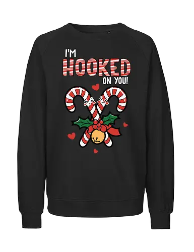 I'm hooked on you - christmas, candy canes, holly, bell, hearts, festive, typography, winter, holiday, fun - Fairtrade Sweatshirt