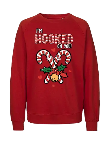 I'm hooked on you - christmas, candy canes, holly, bell, hearts, festive, typography, winter, holiday, fun - Fairtrade Sweatshirt