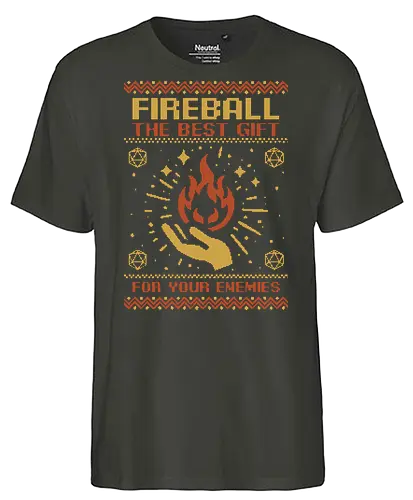 Ugly Sweater Fireball RPG  - Ugly Sweater, Holiday, Christmas, Merry Christmas, Ugly Christmas Sweater, Pixel Art, Fireball, Magical, Magic, Wizard, Sorcerer, Sorcery, Spells, Spell, Magician, Rpg, Dungeon Master, Dungeon, Pen and Paper, Dungeons And Dragons, Pen and Paper, D20, Adventure, Fantasy, gifts, gift - Fairtrade T-Shirt