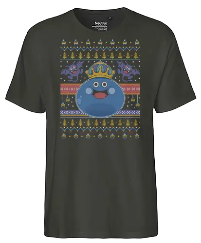 King Slime Ugly Sweater - quest, slime, king slime, monsters, golem, gaming, gamer, video games, erdrea, rpg, jrpg, echoes of an elusive age, xmas, ugly christmas sweater - Fairtrade T-Shirt