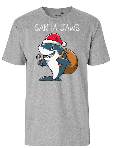 Santa Jaws - shark, santa, christmas, candy cane, sack, festive, humor, holiday, pun, hat - Fairtrade T-Shirt