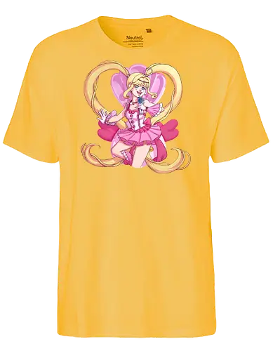Lucia - mermaidmelody, lucia, luciamermaidmelody, pink, idol, dress, shell, jewelry, blond, blondhair, twintails, pigtails, longhair, pale, bangs, anime, kawaii, cute, girl, lady, mermaid, blueeyes, pearl, pinkpearl, pinkpearls, microphone, shoujo, purplestarphoenix - Fairtrade T-Shirt