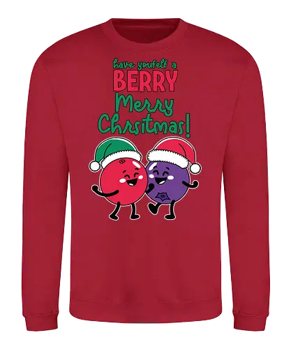 Have yourself a BERRY Merry Christmas! - christmas, berries, cartoon, santa hats, festive, holiday, red, purple, cheerful - Sweatshirt
