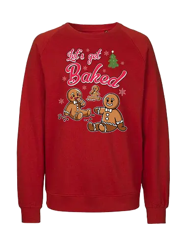 Let's get Baked - gingerbread, holiday, christmas, cookies, humor, festive, snowflakes, lettering, tree, baking - Fairtrade Sweatshirt