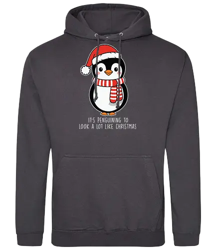Its penguining to look alot like Christmas - penguin, christmas, santa hat, scarf, holiday, cute, festive, winter, playful - Standard Hoodie
