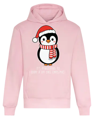 Its penguining to look alot like Christmas - penguin, christmas, santa hat, scarf, holiday, cute, festive, winter, playful - Heavyweight Hoodie