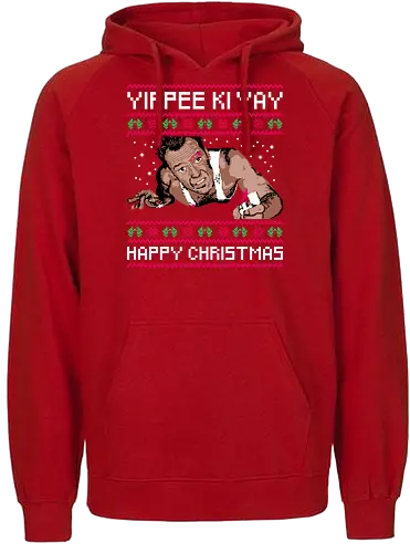 Yippee Ki Yay - nakatomi plaza, nakatomi corporation, 1988, ugly christmas sweater, john mcclane, bruce willis, nakatomi, yippee ki yay, christmas party, xmas - Fairtrade Hoodie