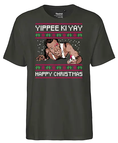 Yippee Ki Yay - nakatomi plaza, nakatomi corporation, 1988, ugly christmas sweater, john mcclane, bruce willis, nakatomi, yippee ki yay, christmas party, xmas - Fairtrade T-Shirt