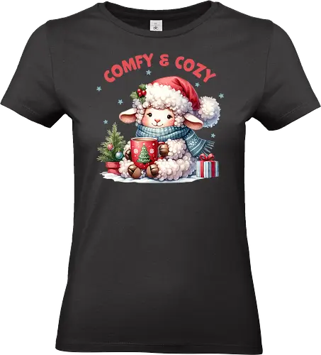 Comfy & Cozy - christmas, sheep, santa hat, scarf, mug, snow, holiday, gift, cozy, festive - Standard T-Shirt (Frauen)