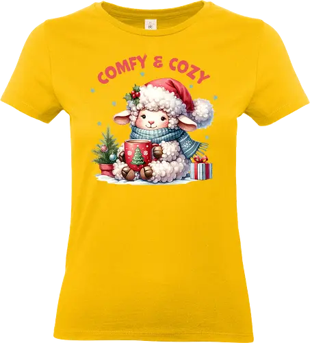Comfy & Cozy - christmas, sheep, santa hat, scarf, mug, snow, holiday, gift, cozy, festive - Standard T-Shirt (Frauen)