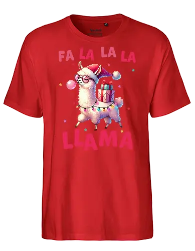Fa La La La Llama - llama, christmas, santa hat, gift, holiday, cheerful, festive, humor, lights, playful - Fairtrade T-Shirt