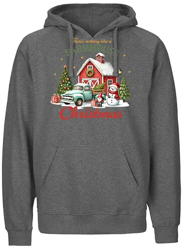 There's nothing like a farmhouse christmas - farmhouse, christmas, barn, snowman, vintage truck, festive, gifts, wreath, winter, holiday spirit - Fairtrade Hoodie