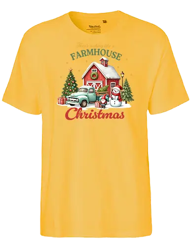 There's nothing like a farmhouse christmas - farmhouse, christmas, barn, snowman, vintage truck, festive, gifts, wreath, winter, holiday spirit - Fairtrade T-Shirt