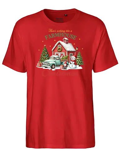 There's nothing like a farmhouse christmas - farmhouse, christmas, barn, snowman, vintage truck, festive, gifts, wreath, winter, holiday spirit - Fairtrade T-Shirt