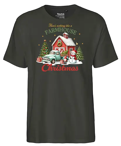 There's nothing like a farmhouse christmas - farmhouse, christmas, barn, snowman, vintage truck, festive, gifts, wreath, winter, holiday spirit - Fairtrade T-Shirt