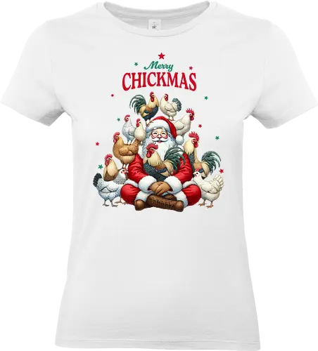 Merry Chickmas - santa claus, chickens, roosters, christmas, festive, holiday, humor, merry chickmas, farmyard, joy - Standard T-Shirt (Frauen)