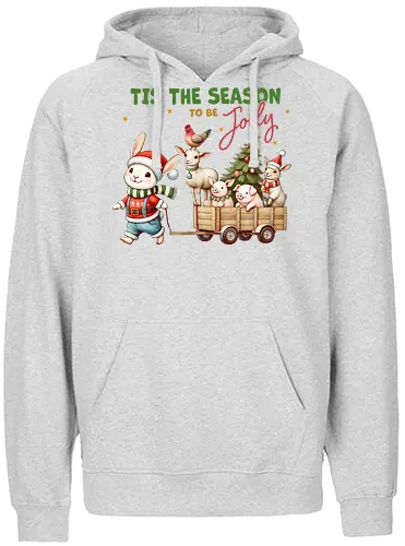 Tis the season to be jolly - festive, christmas, bunny, holiday, cart, animals, cheerful, stars, tree - Fairtrade Hoodie