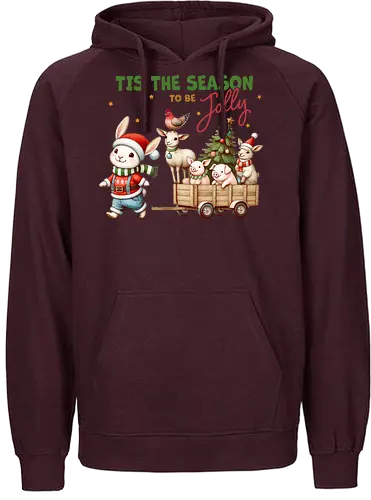 Tis the season to be jolly - festive, christmas, bunny, holiday, cart, animals, cheerful, stars, tree - Fairtrade Hoodie