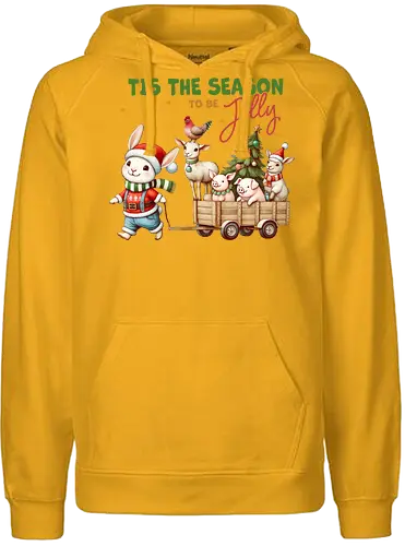 Tis the season to be jolly - festive, christmas, bunny, holiday, cart, animals, cheerful, stars, tree - Fairtrade Hoodie