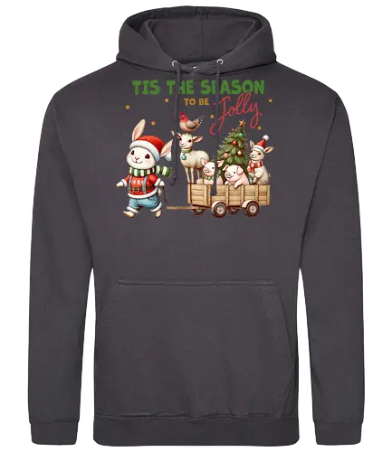 Tis the season to be jolly - festive, christmas, bunny, holiday, cart, animals, cheerful, stars, tree - Standard Hoodie