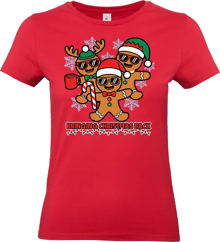 Bringing Christmas Back - gingerbread, christmas, festive, holiday, snowflakes, santa hats, sunglasses, fun, candy cane, mug - Standard T-Shirt (Frauen)