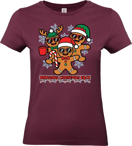 Bringing Christmas Back - gingerbread, christmas, festive, holiday, snowflakes, santa hats, sunglasses, fun, candy cane, mug - Standard T-Shirt (Frauen)
