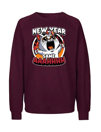 New Year Despair - irony, sarcasm, cat, pet, animal, despair, depression, new year, réveillon, New Year's Eve, fun, funny, cute, scream, anxiety - Fairtrade Sweatshirt