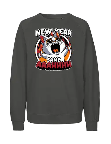 New Year Despair - irony, sarcasm, cat, pet, animal, despair, depression, new year, réveillon, New Year's Eve, fun, funny, cute, scream, anxiety - Fairtrade Sweatshirt