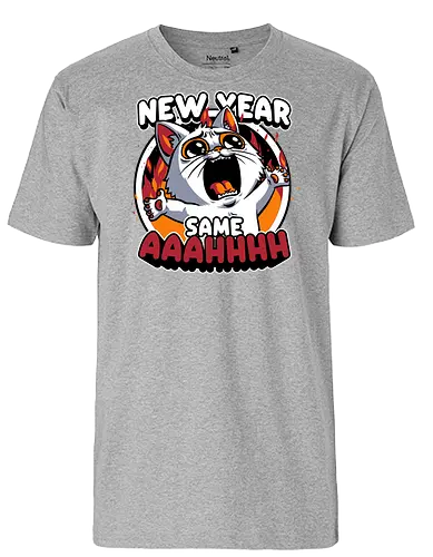 New Year Despair - irony, sarcasm, cat, pet, animal, despair, depression, new year, réveillon, New Year's Eve, fun, funny, cute, scream, anxiety - Fairtrade T-Shirt