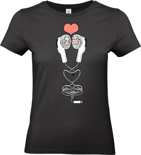 Earbuds Tangled In Love (Verliebte verknotete Ohrhörer) - Ohrhörer, Liebe, valentine's day, Kawaii, Musik, Retro, Y2K, Nostalgie, Paar, Mode, niedlich, Herz, romantisch, Geschenk, Design, Anime, Hörgenuss, Stil, Kabel, Valentinstag, Verbundenheit, Kopfhörer, Headphone, Earbuds, Love, Couple, Music - Standard T-Shirt (Frauen)