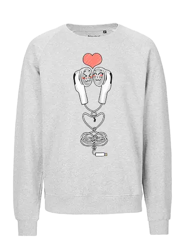 Earbuds Tangled In Love (Verliebte verknotete Ohrhörer) - Ohrhörer, Liebe, valentine's day, Kawaii, Musik, Retro, Y2K, Nostalgie, Paar, Mode, niedlich, Herz, romantisch, Geschenk, Design, Anime, Hörgenuss, Stil, Kabel, Valentinstag, Verbundenheit, Kopfhörer, Headphone, Earbuds, Love, Couple, Music - Fairtrade Sweatshirt