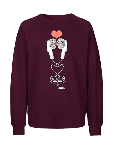 Earbuds Tangled In Love (Verliebte verknotete Ohrhörer) - Ohrhörer, Liebe, valentine's day, Kawaii, Musik, Retro, Y2K, Nostalgie, Paar, Mode, niedlich, Herz, romantisch, Geschenk, Design, Anime, Hörgenuss, Stil, Kabel, Valentinstag, Verbundenheit, Kopfhörer, Headphone, Earbuds, Love, Couple, Music - Fairtrade Sweatshirt
