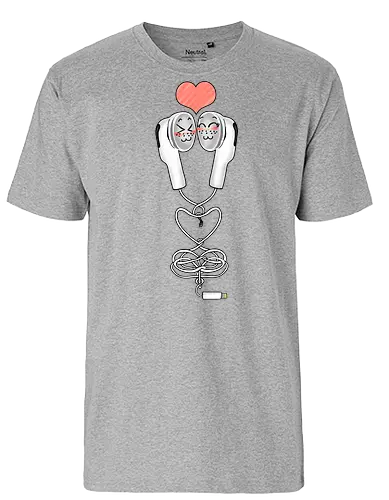 Earbuds Tangled In Love (Verliebte verknotete Ohrhörer) - Ohrhörer, Liebe, valentine's day, Kawaii, Musik, Retro, Y2K, Nostalgie, Paar, Mode, niedlich, Herz, romantisch, Geschenk, Design, Anime, Hörgenuss, Stil, Kabel, Valentinstag, Verbundenheit, Kopfhörer, Headphone, Earbuds, Love, Couple, Music - Fairtrade T-Shirt