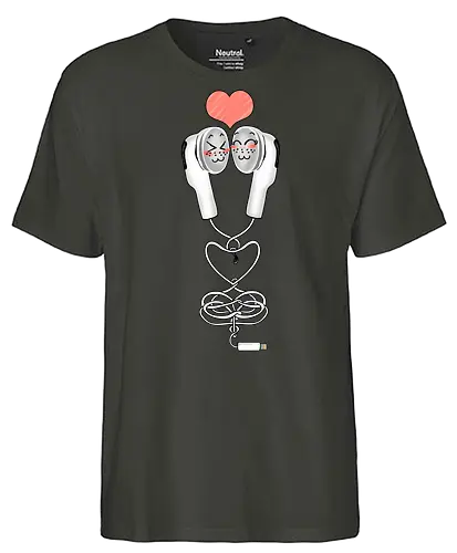 Earbuds Tangled In Love (Verliebte verknotete Ohrhörer) - Ohrhörer, Liebe, valentine's day, Kawaii, Musik, Retro, Y2K, Nostalgie, Paar, Mode, niedlich, Herz, romantisch, Geschenk, Design, Anime, Hörgenuss, Stil, Kabel, Valentinstag, Verbundenheit, Kopfhörer, Headphone, Earbuds, Love, Couple, Music - Fairtrade T-Shirt