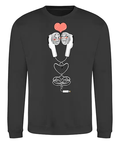 Earbuds Tangled In Love (Verliebte verknotete Ohrhörer) - Ohrhörer, Liebe, valentine's day, Kawaii, Musik, Retro, Y2K, Nostalgie, Paar, Mode, niedlich, Herz, romantisch, Geschenk, Design, Anime, Hörgenuss, Stil, Kabel, Valentinstag, Verbundenheit, Kopfhörer, Headphone, Earbuds, Love, Couple, Music - Sweatshirt