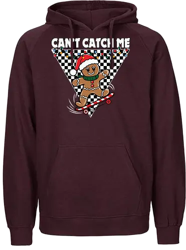 Can't Catch Me - gingerbread, skateboarding, santa hat, christmas, checkered, holiday, playful, graphic, festive, slogan - Fairtrade Hoodie