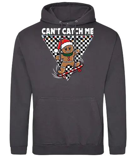 Can't Catch Me - gingerbread, skateboarding, santa hat, christmas, checkered, holiday, playful, graphic, festive, slogan - Standard Hoodie